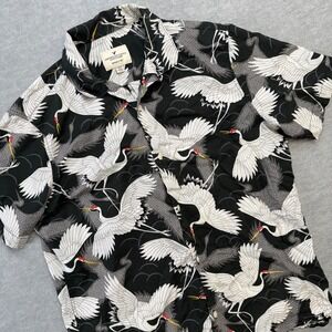 American Eagle Shirt Mens Medium Black White Crane Japanese Viscose Camp Resort